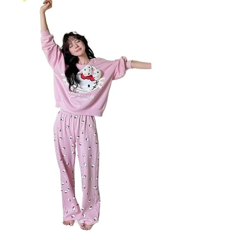 Sanrio cartoon Hello Kitty pajamas spring and autumn new lapel cardigan long-sleeved loungewear two-piece women\'s pajamas