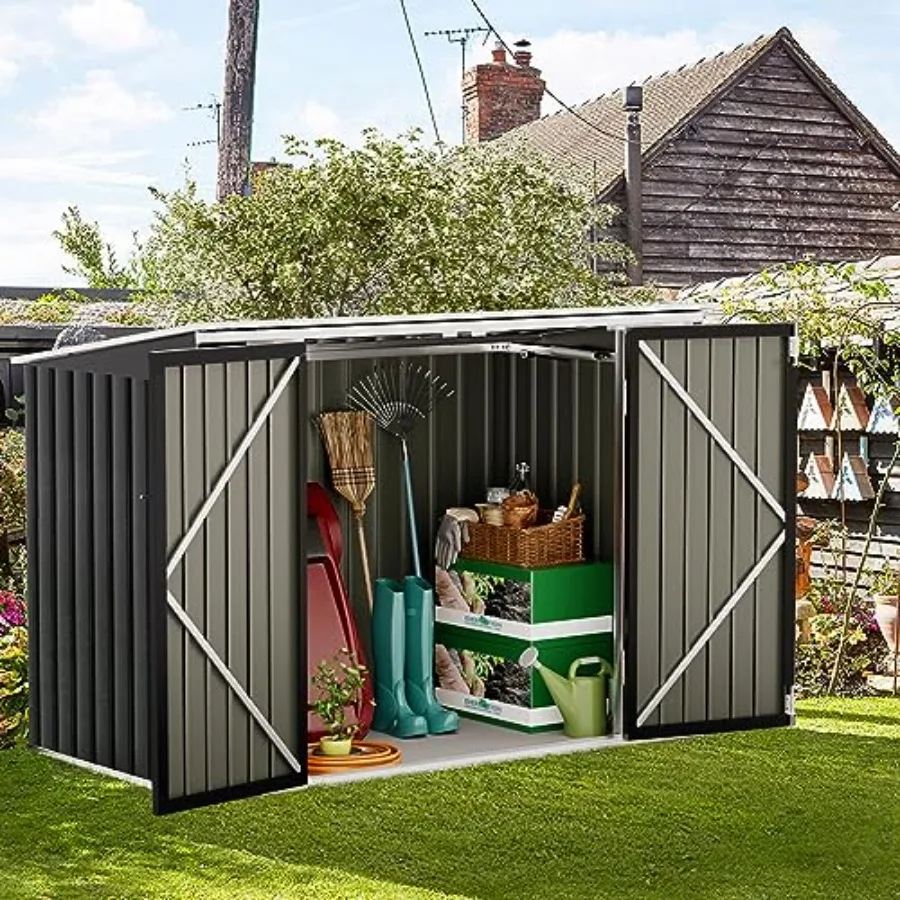 Outdoor metal storage shed for backyard, lawn, roadside use; galvanized steel construction; gray finish; hydraulic gas rod lid