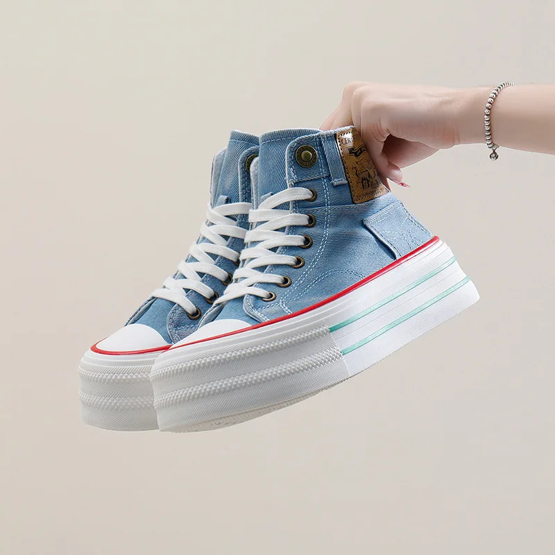 35-40 Women Denim Short Boots Thick Sole 5CM Height Increasing Female Canvas Shoes High Top Lace Up Patchwork Upper All Match image 3