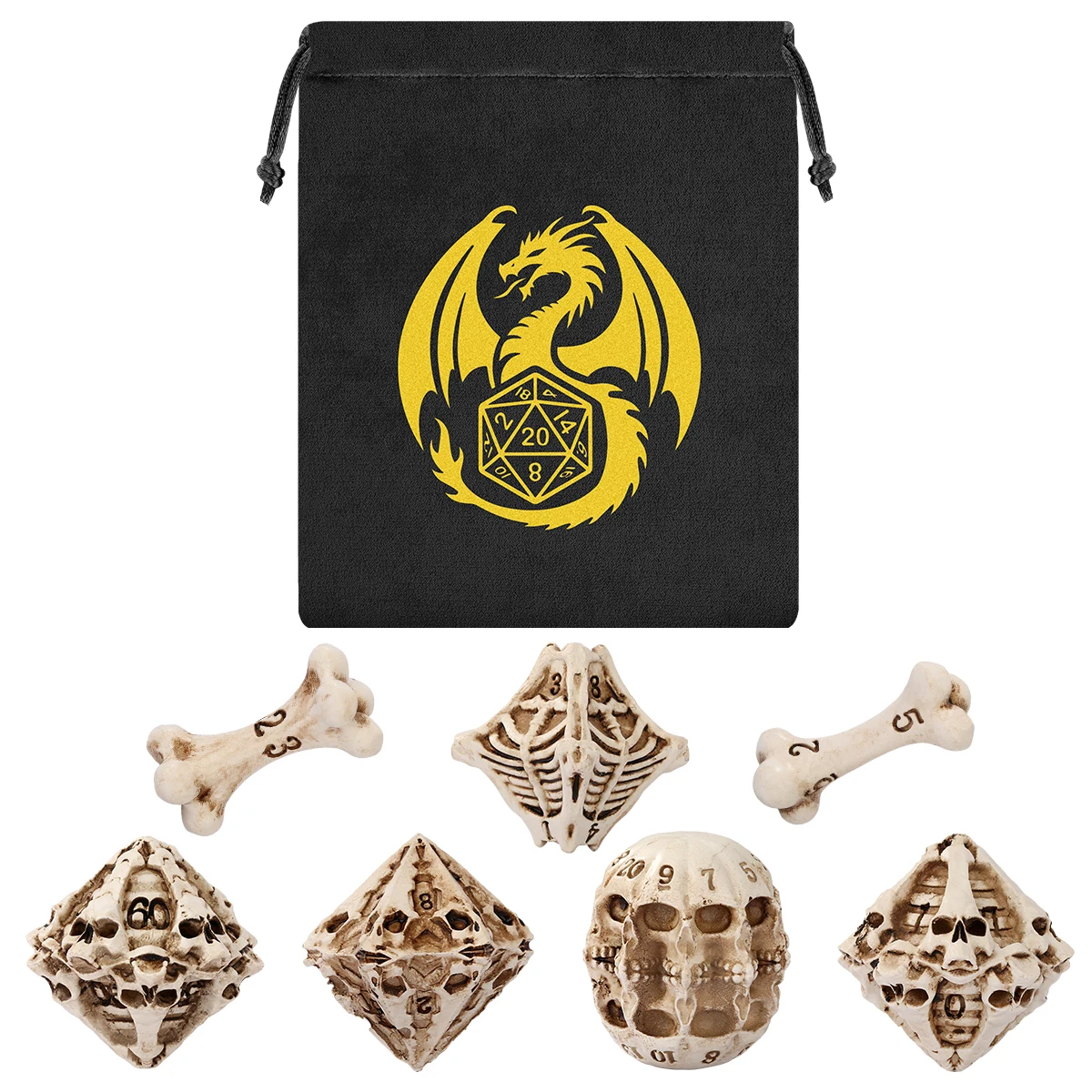 7-teiliges Set aus geschnitzten polyedrischen Würfeln im Knochen-Schädel-Design, Retro-Hohlskelett-Würfelsets für Tabletop-RPG-Party-Brettspiele – Detail 4