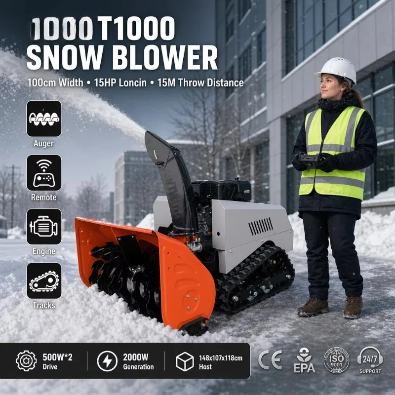 T1000 Electric Remote Control Crawler Snow Blower 15HP Loncin Engine 100cm Clearing Width Industrial Snow Thrower Machine