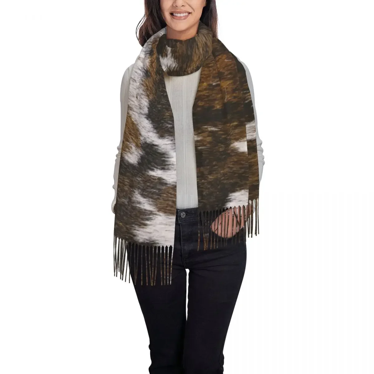 Cowhide Tan Animal Print Scarf Wrap Women Long Winter Warm Tassel Shawl Unisex Animal Hide Fur Texture Scarves