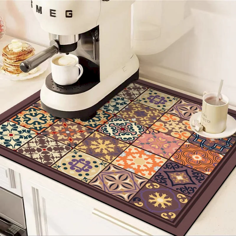 VIKAMA Bohemian Drainage Mat, Super Absorbent, Fast Drying, Anti Slip, Washable Kitchen Countertop Decorative Mat