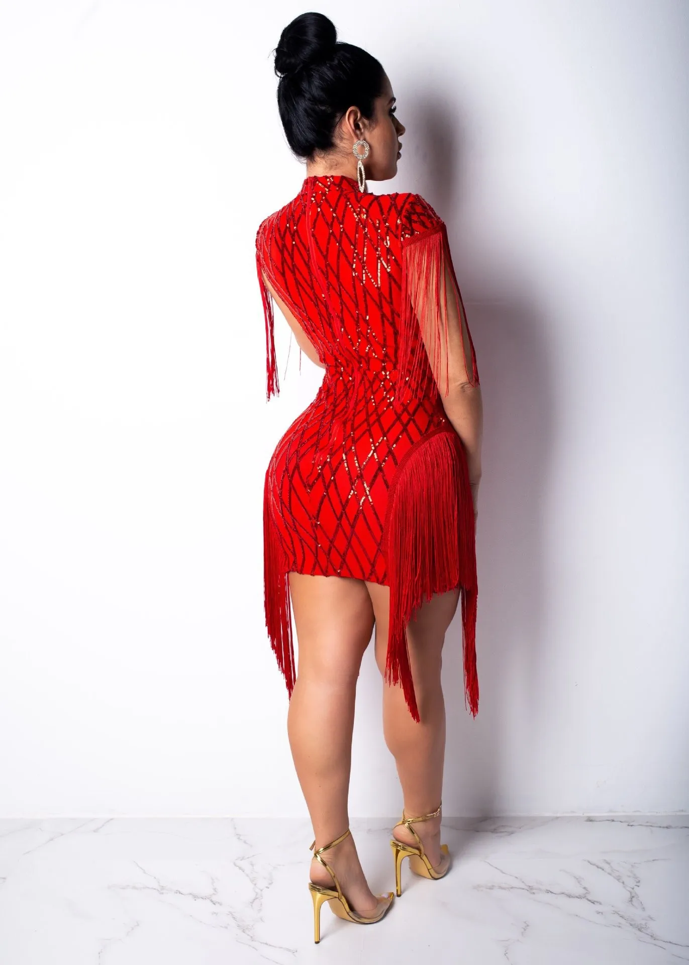 Women's Elegant Sequined Fringe - Paneled Evening Party Dress - A Must - Have