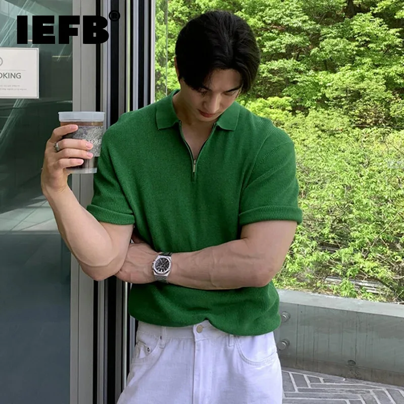 

IEFB Korean Style Men's T-shirts Knitting Zippers Turn-down Collar Short Sleeve Solid Color Male Casual Tops Summer 2024 9C6538