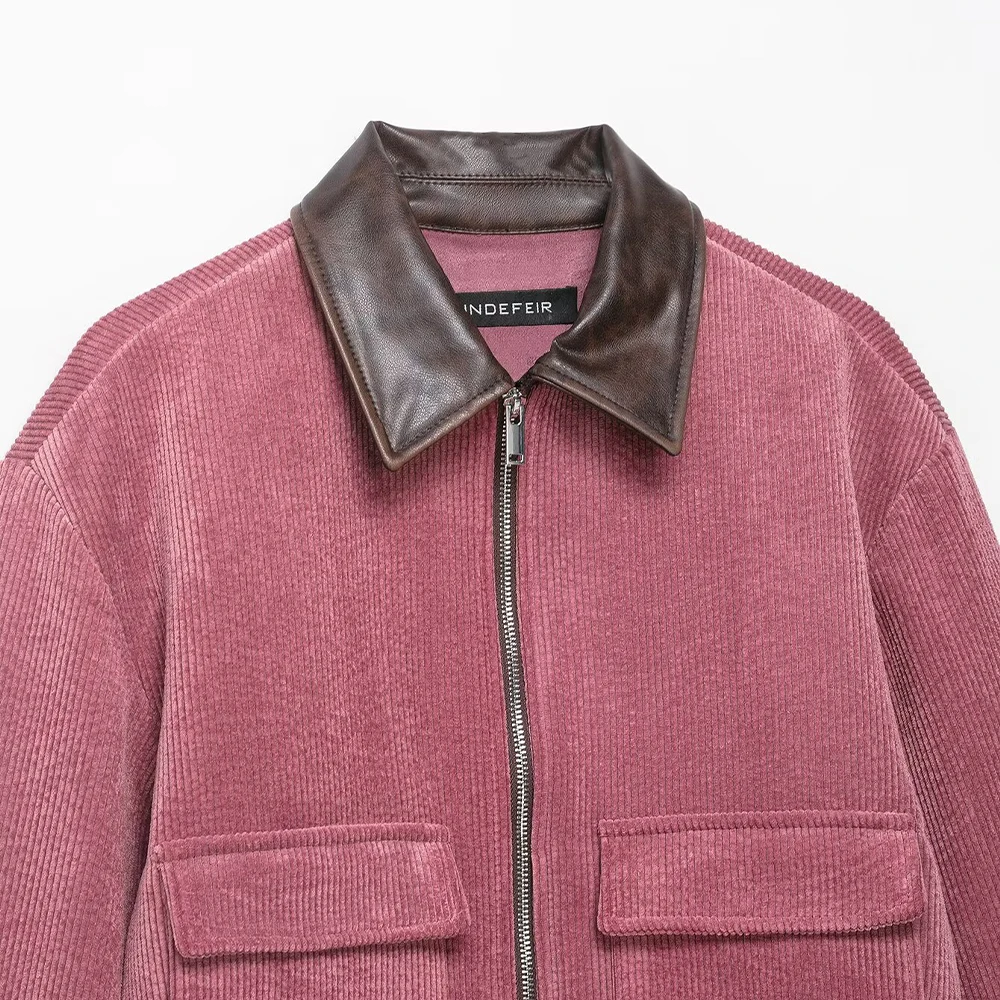Elegant Chic Women‘s Corduroy Jackets with Faux Leather Collar New in Spring Zippered Jacket with Patch Pockets Fashion Outwears