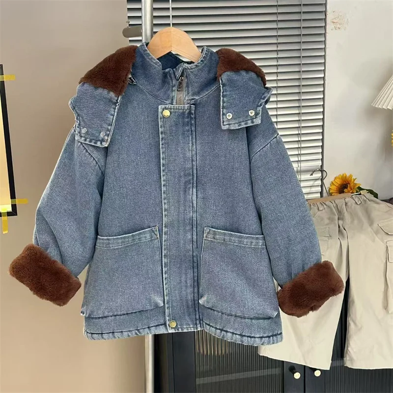 

Детские толстые джинсовые куртки для мальчиков и девочек, плюшевые бархатные зимние теплые пальто, новая верхняя одежда с капюшоном, детская повседневная одежда на флисовой подкладке