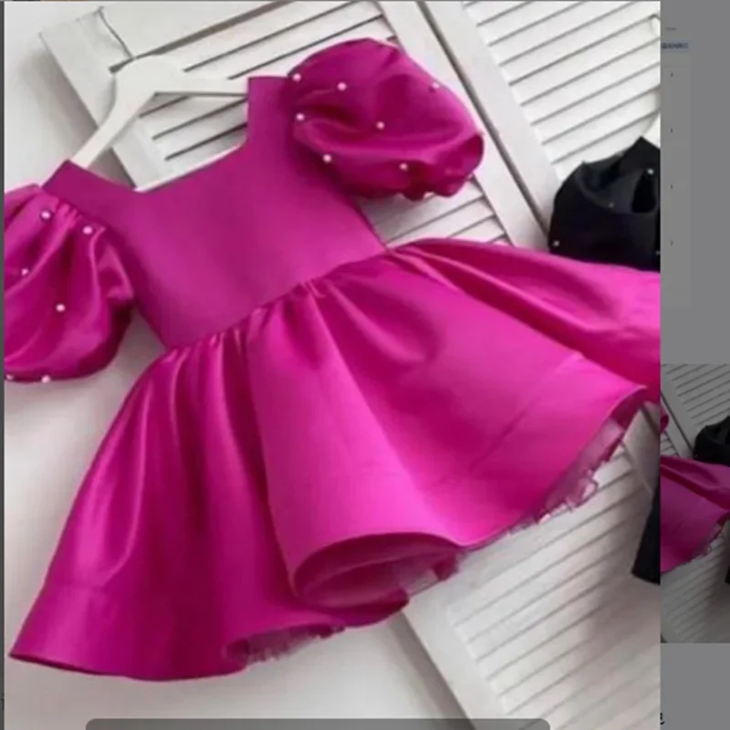 Cute Baby Girl abiti da prima comunione Rose Red Puff Sleeves perle abiti da festa di compleanno Fluffy Ball Gown Flower Girl Dress