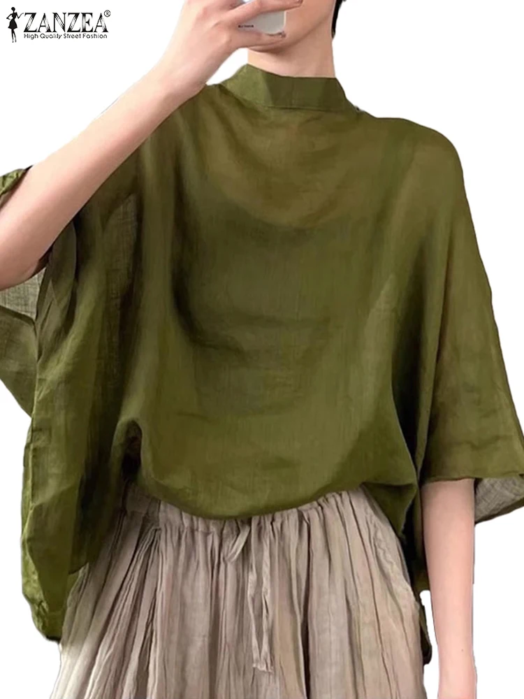 ZANZEA Women 3/4 Bat Sleeve Blouse Oversized Asymmetrical Tops 2024 Summer Stand Collar Tunic Casual Loose Transparent Thin Tops