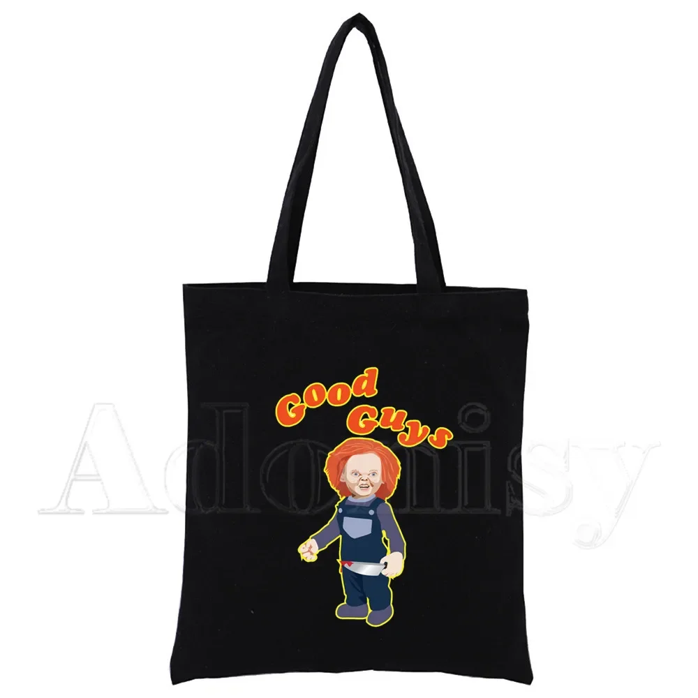 Chucky Print Wiederverwendbare Einkaufstasche Damen Canvas Tragetaschen Druck Eco Bag Cartoon Shopper Umhängetaschen Schwarz