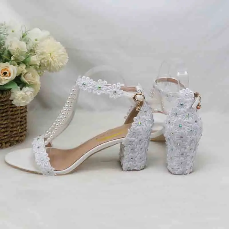 2023 new arrival BaoYaFang fashion white pearl sweet white lace flower sandals buckle bridesmaid dress shoes ankle strap shoe