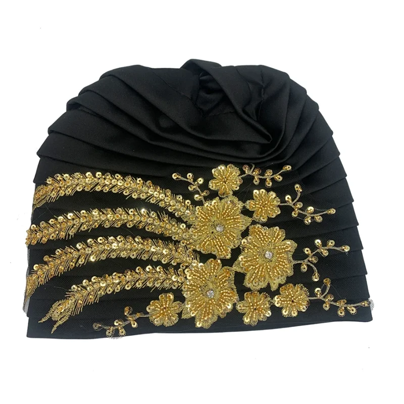 African Female Wrap Head Bonnet Muslim Turban Hat Lady Head Wraps Glitter Luminescence Beading Pleated Turban Cap for Women image 5