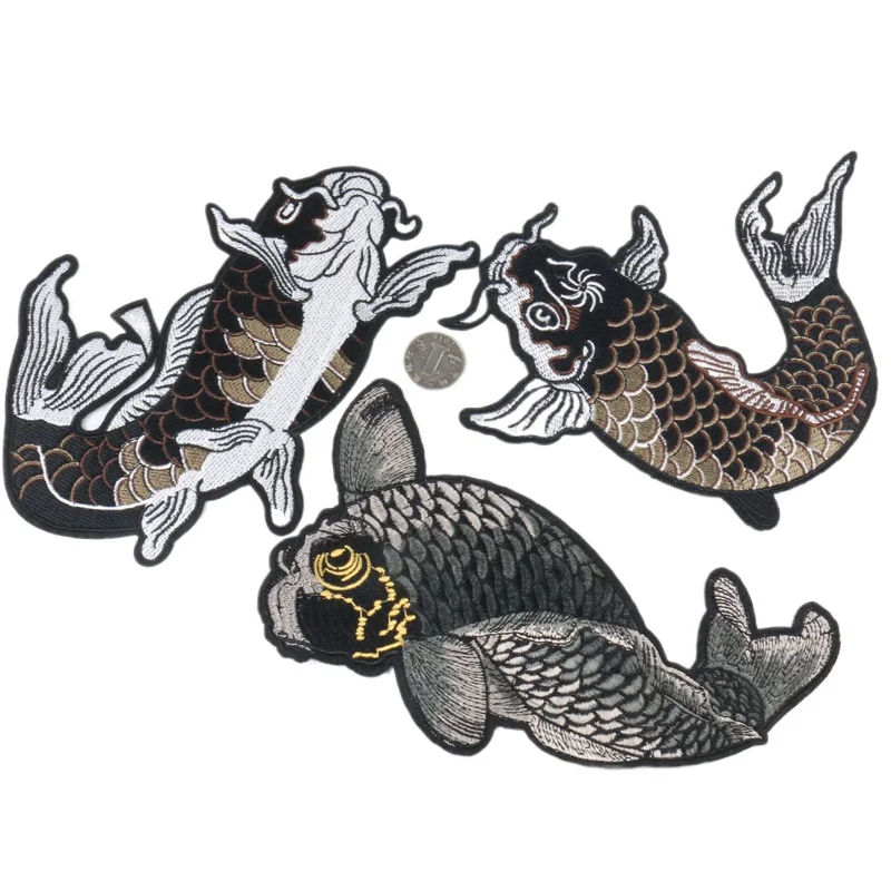 Chinese Style Carp Fish Embroidered Patches Stripes Classic Ethnic Carp Koi Embroidery Patch DIY Patches Applique Cloth Stickers