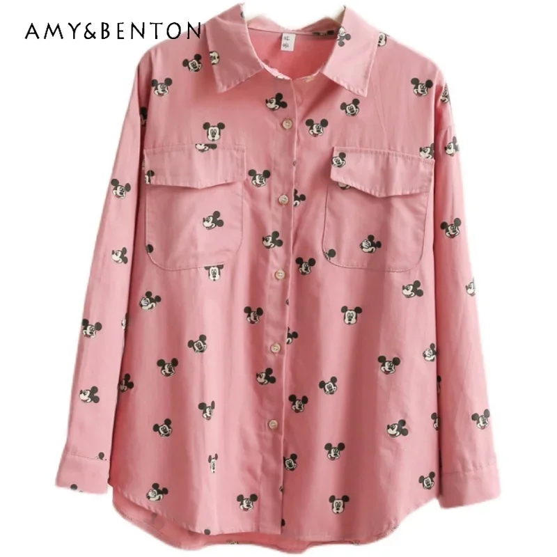 

New Spring Autumn 2023 Polo Collar Shirt Cartoon Printed Pink Shirt Women's Long Sleeve Single-breasted Blouse Top