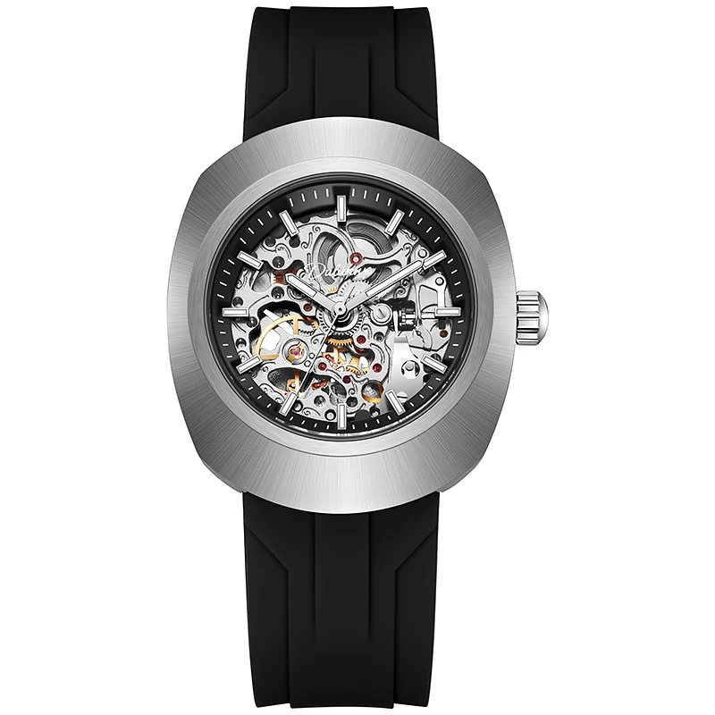Men Automatic Mechanical Watch Rounded Square Case Full Skeleton Hollow Dial Green Silicone Strap Sport Male Wristwatch Gift