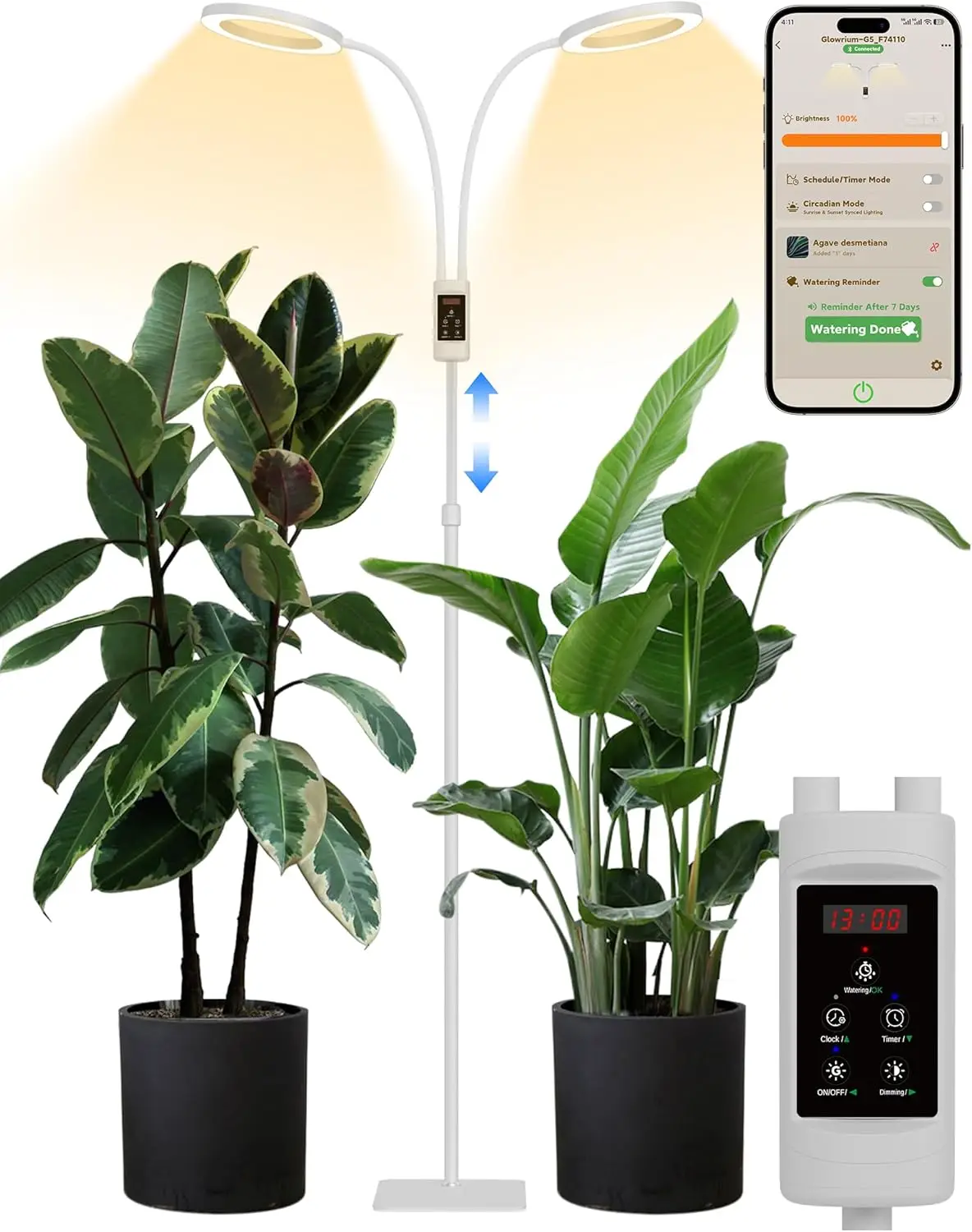 

Smart Grow Lights for Indoor Plants, 48W Full Spectrum with Bluetooth App, Adjustable Height, Auto Timer for Large Tall Plants