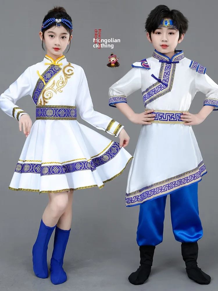 

Mongolian Ethnic Children's Dance Performance Clothes Girls' Mongolian Costume Boys' Outfit assland White Chopstis ...