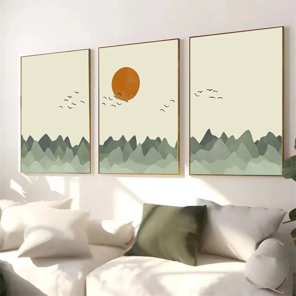 

Bohemian Sage Green Abstract Mountain Birds and Sun Wall Art Canvas Painting Mid Century Posters and Prints Modern Home Decor