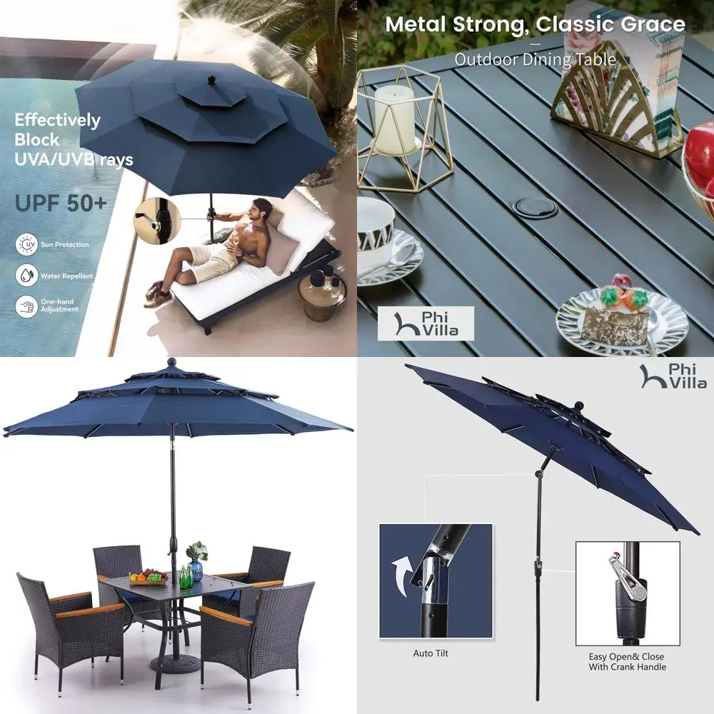 

6-Piece Navy Blue Patio Dining Set with 3-Tier Umbrella and Weather-Resistant Chairs