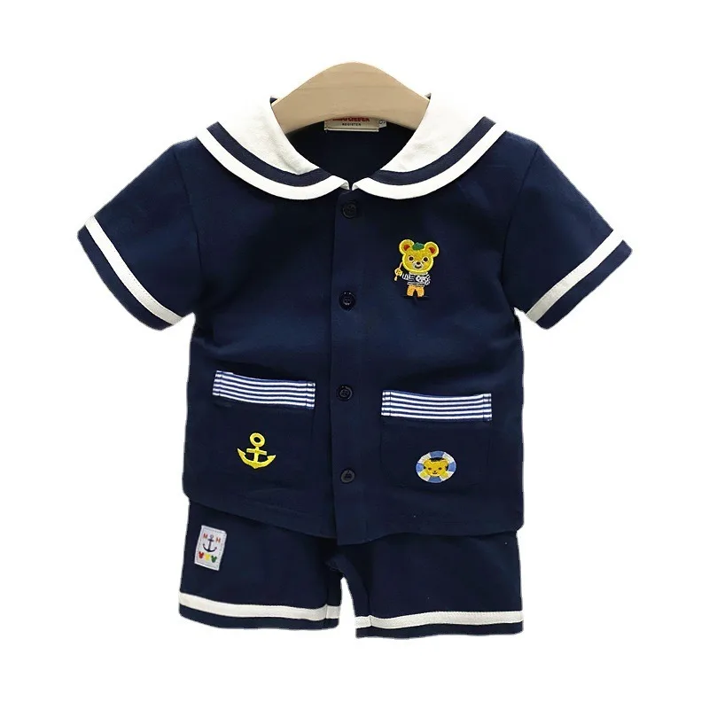 Zomer Nieuwe Kids Sets Tweedelige Broek Met Korte Mouwen Japanse Kinderkleding Nieuwe Marineblauwe Stijl Teddybeer Vest Set