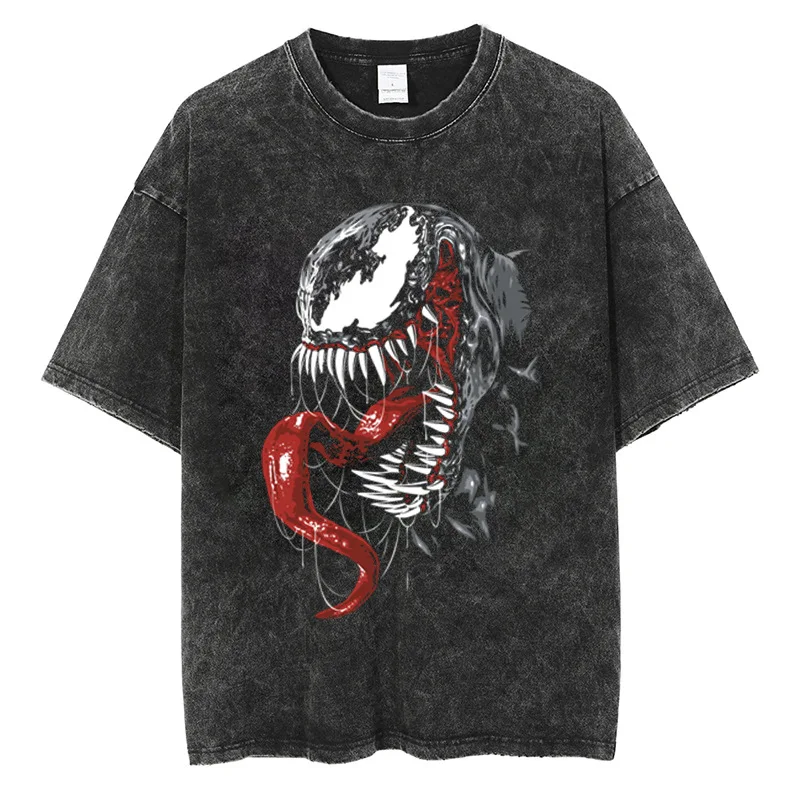 2025 جديد مارفل فينوم القطن الخالص ريترو غسلها الجولة الرقبة تي شيرت الشارع كلية نمط Y2K Harajuku الهيب هوب نمط للجنسين