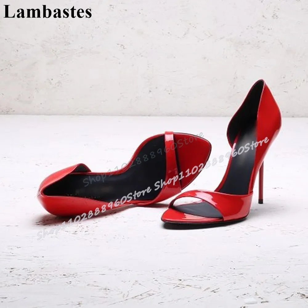 الجانب فارغة الأحمر لامع الصنادل الجلدية الضحلة الخناجر عالية الكعب النساء أحذية الانزلاق على المفتوحة تو الصنادل حفلة عادية رائع