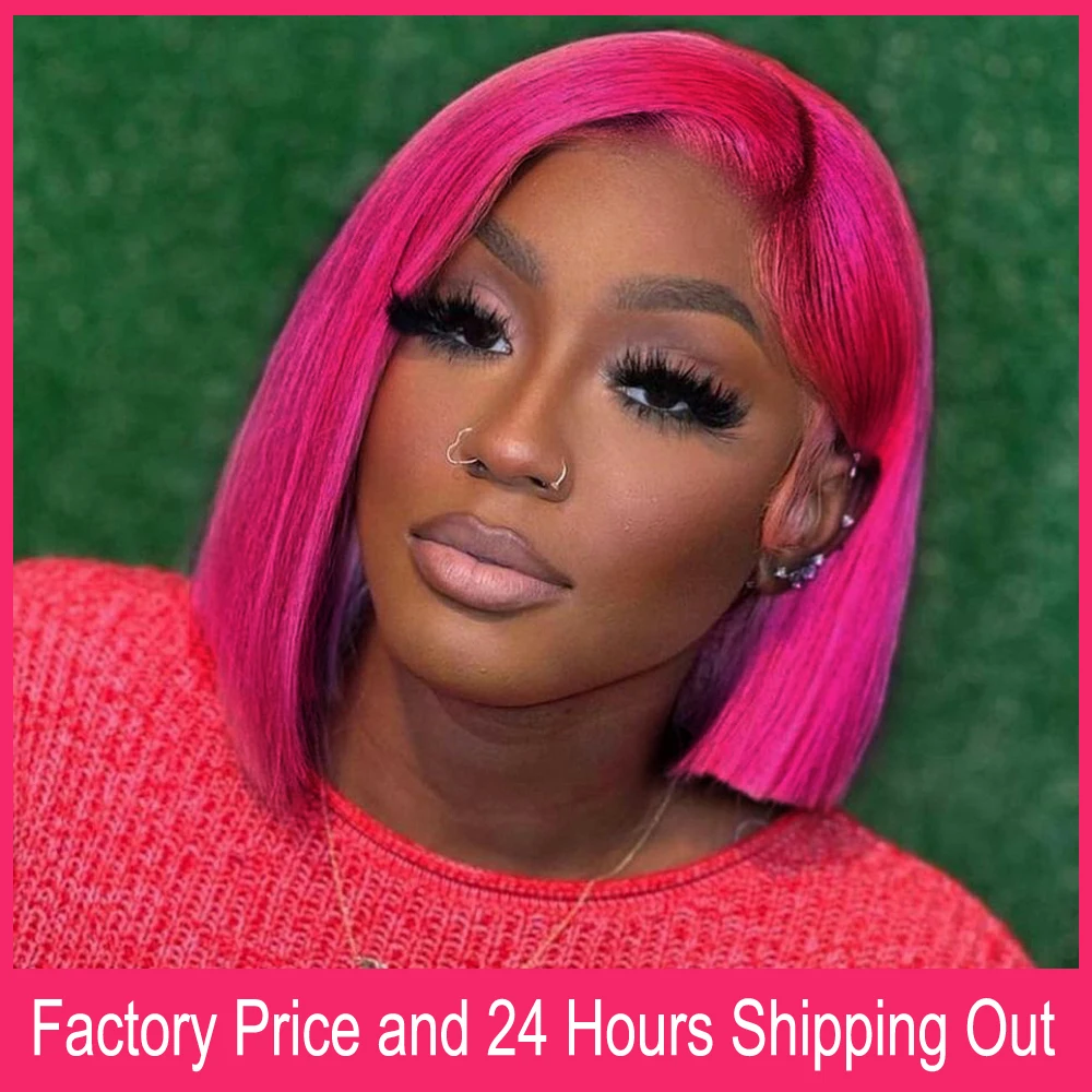 Hot Pink Short Bob Human Hair Wigs 180 Density 13x4 HD Transparent Lace Frontal Wig Pre Plucked 8-14 Short Bob Lace Front Wigs