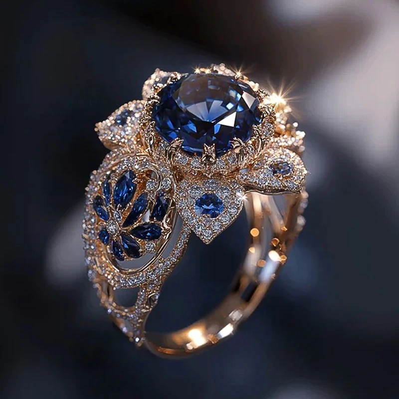 Huitan Wunderschöne blaue Blumenringe für Frauen, Roségoldfarben, brillanter Zirkonia, für Hochzeit, Party, ästhetischer Damenschmuck, Geschenk
