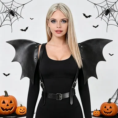 Women Black Punk Gothic PU Bat Wings Shoulder Harness Adjustable Decor Accessory For Halloween Rave Festival Cosplay Club Outfit