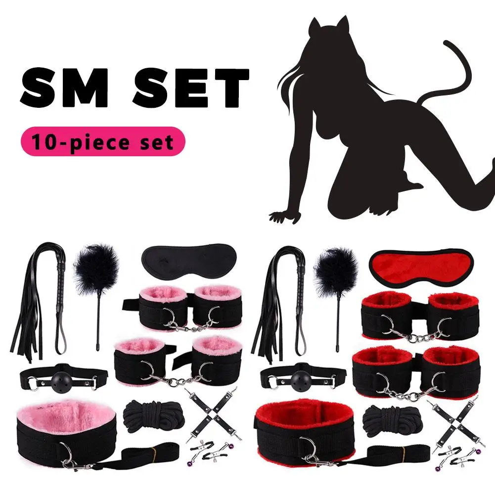 Beginner BDSM Bondage Set Nylon Plush Handcuffs Nipple Clamps Whip Gag Kit Safe For Couples Sex Toy_voghion.com