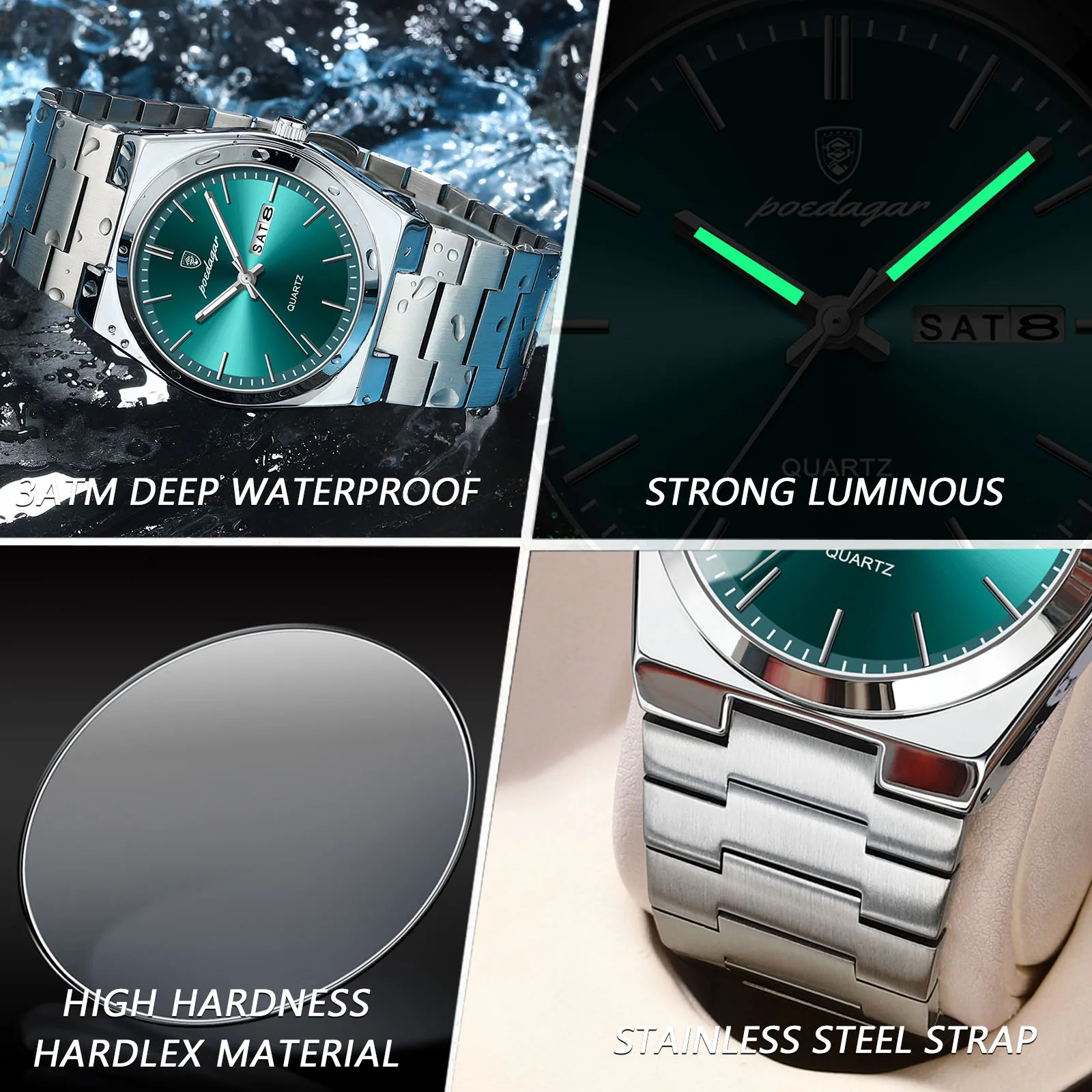 POEDAGAR Orologio da polso da uomo al quarzo di lusso Orologi sportivi da uomo Impermeabile luminoso Data Settimana Orologio da uomo in acciaio inossidabile Reloj maschile + scatola
