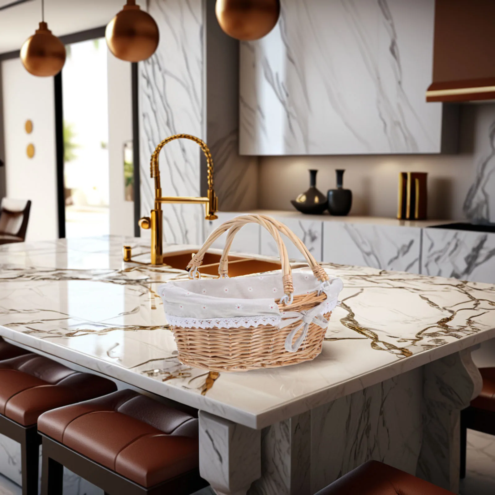 المحمولة ريفي المنسوجة يدويا سلة نزهة من الخوص الفاكهة عرض التخزين المنظم طاولة المطبخ في الهواء الطلق استخدام سلة التخزين الصغيرة #2