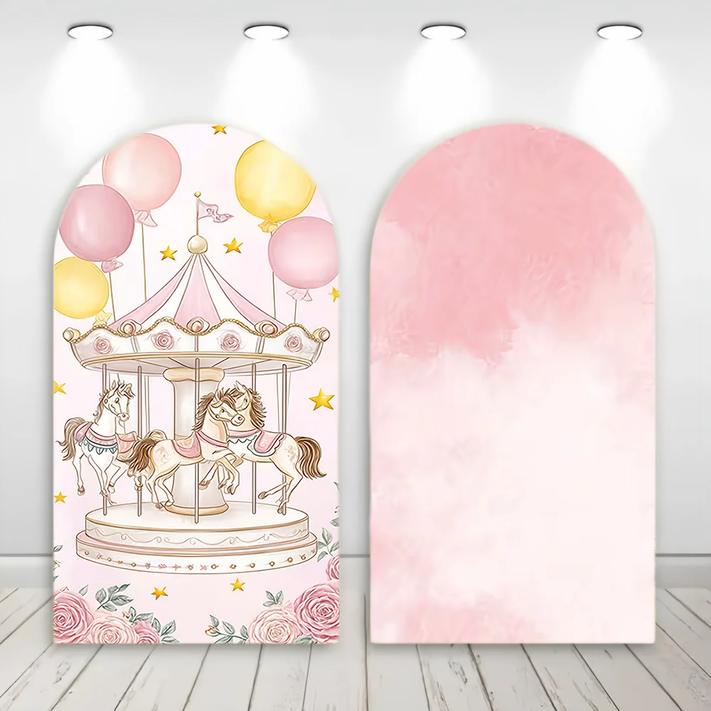 

Carousel Theme Party Arch Cover Pink Floral Balloons Backdrop Decor Boy Girl Baby Shower Arched Wall Background Photo