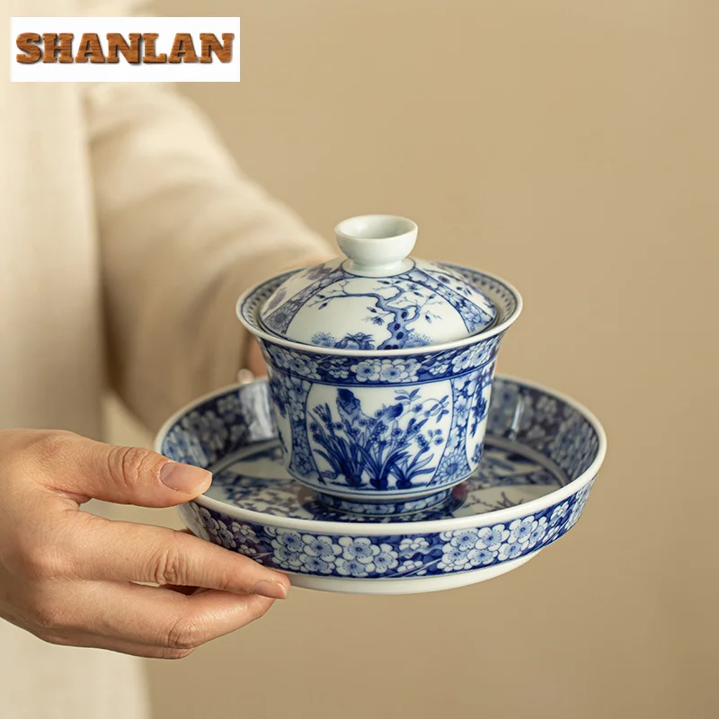 170ml Jingdezhen Antique Blue And White Gaiwan Aesthetic Twelve Gods Of Flowers Tea Tureen Tea Making Cover Bowl Cafes Tea Craft