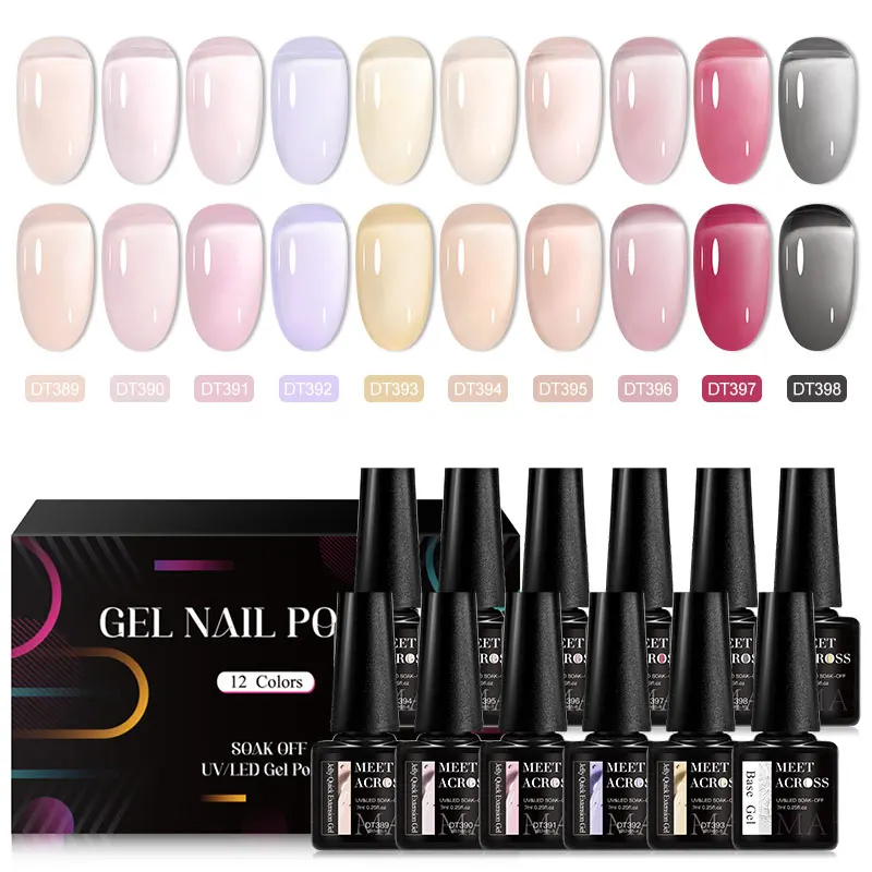 MEET ACROSS 12Pcs/Set 7ml Jelly Nude Pink Quick Extension Gel With Box Manicure Set Transparent Finger Prolong Long Lasting Cons