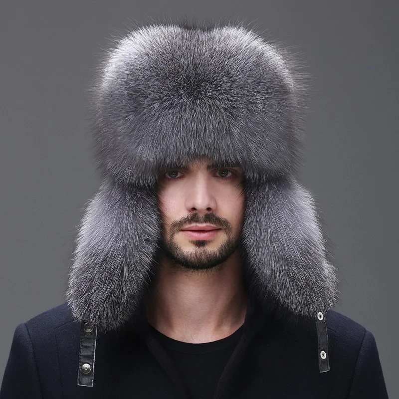 Silver Fox Skin Men's Winter Hat Authentic Fox Skin Lei Feng Hat Russian Warm Bomber Leather Hat