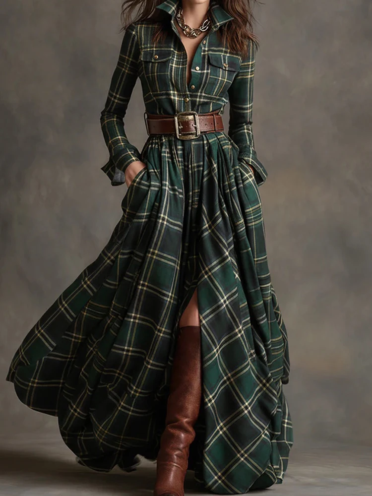 Nowa damska sukienka w kratę z klapami, dopasowana, jesienna, z długim rękawem, modna, elegancka sukienka na imprezę z guzikami, eleganckie sukienki damskie.