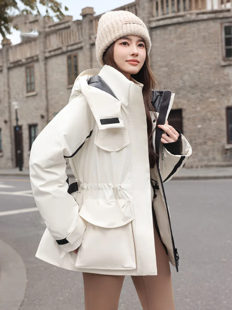 Women Down Coat 2025 Autumn Winter New Hooded Pocket Belt White Duck Down Jacket Fashion All Match Outdoor Ski Jackets