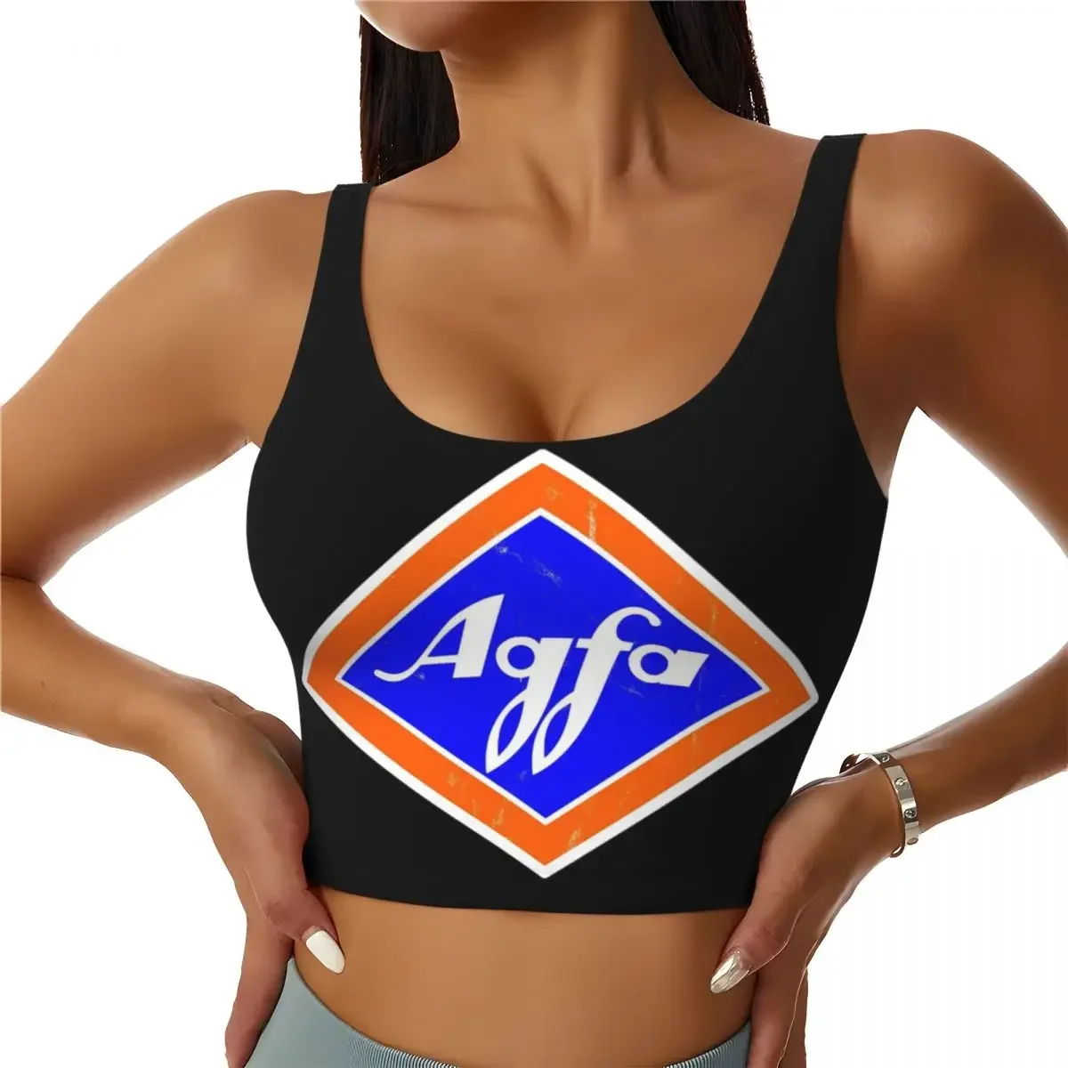 Custom Retro Agfa Film Logo From 1960s Women Sports Bras High Impact Vest Gym Workout Yoga Crop Tank Top