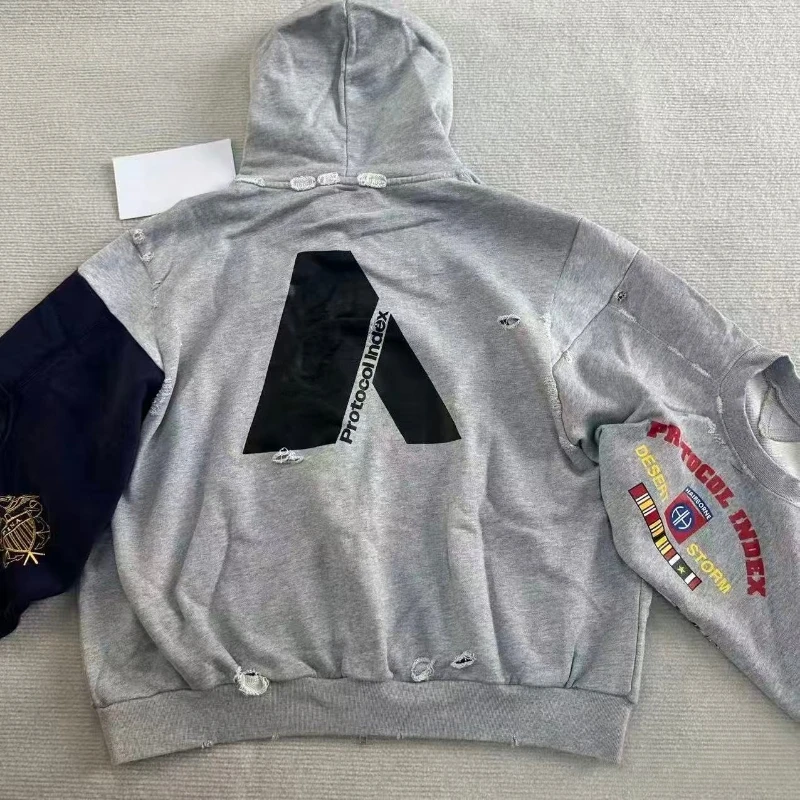 2025ss التالفة حفرة المرقعة مشروع G/R بلوزات شارع العليا التطريز فضفاض الرجال النساء زمم سترة معطف #5