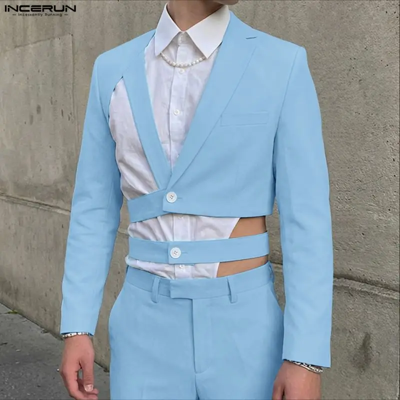 

Мужской укороченный блейзер INCERUN: однотонный, с отложным воротником, длинными рукавами, вырезами, в уличном стиле, модный повседневный кроп-блейзер 2026