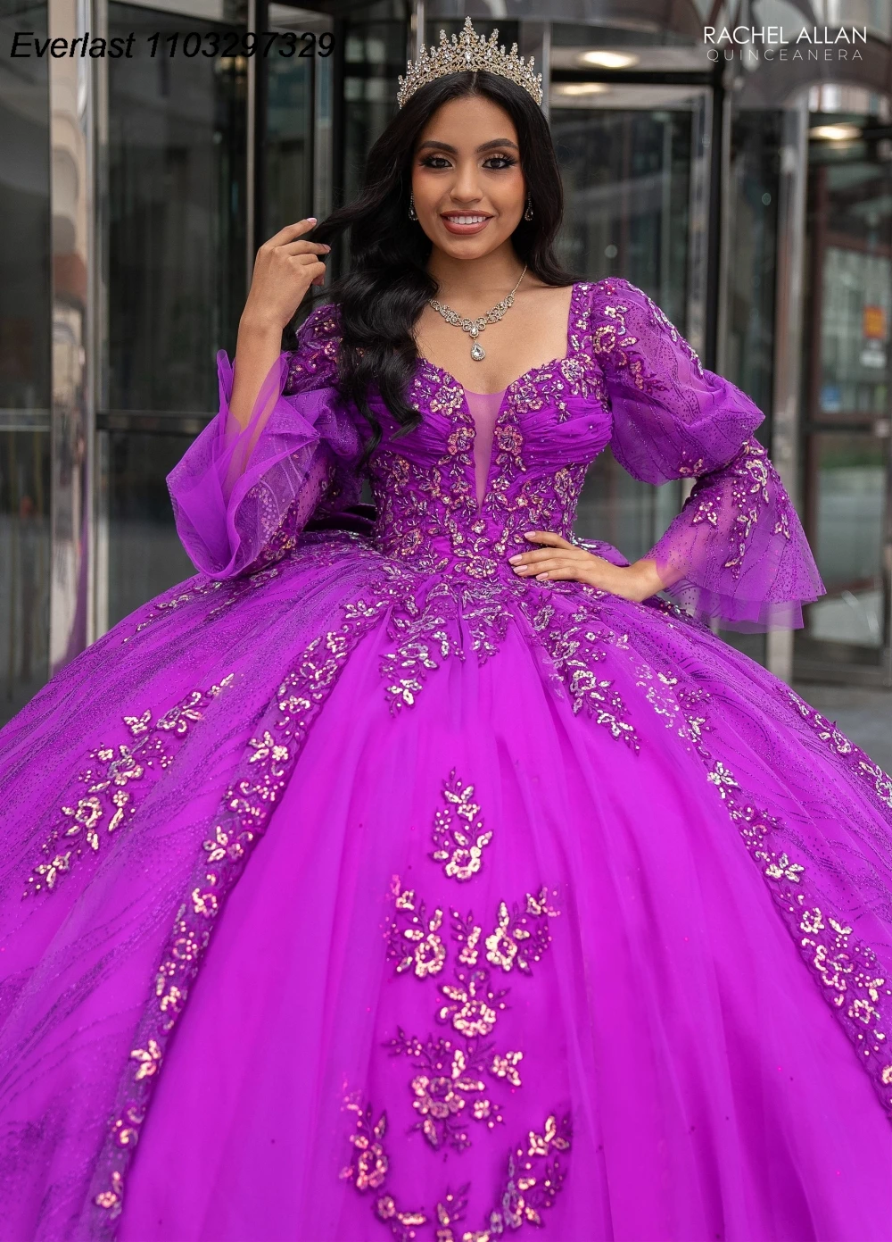 EVLAST-Vestido De quinceañera púrpura, Vestido De baile hinchado, manga larga, Apliques De encaje, lentejuelas, lazo De cuentas, dulce 16, 15 años, TQD457