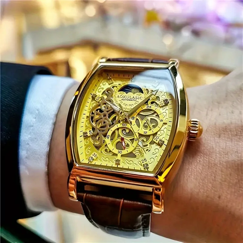 Elegant Men's Tourbillon Automatic Mechanical Watch - Luxurious Men's Watch with Skeleton Design, Faux Leather Strap, Business Casual Style, Barrel-Shaped Dial - the Ideal Gift for Him view 4