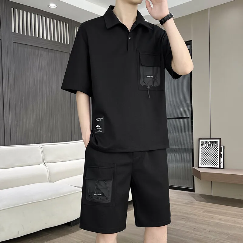 

2025 Summer New Men's High Quality Short sleeved Shirt+Shorts Hong Kong Style Ice Silk Trendy Loose Men's Set