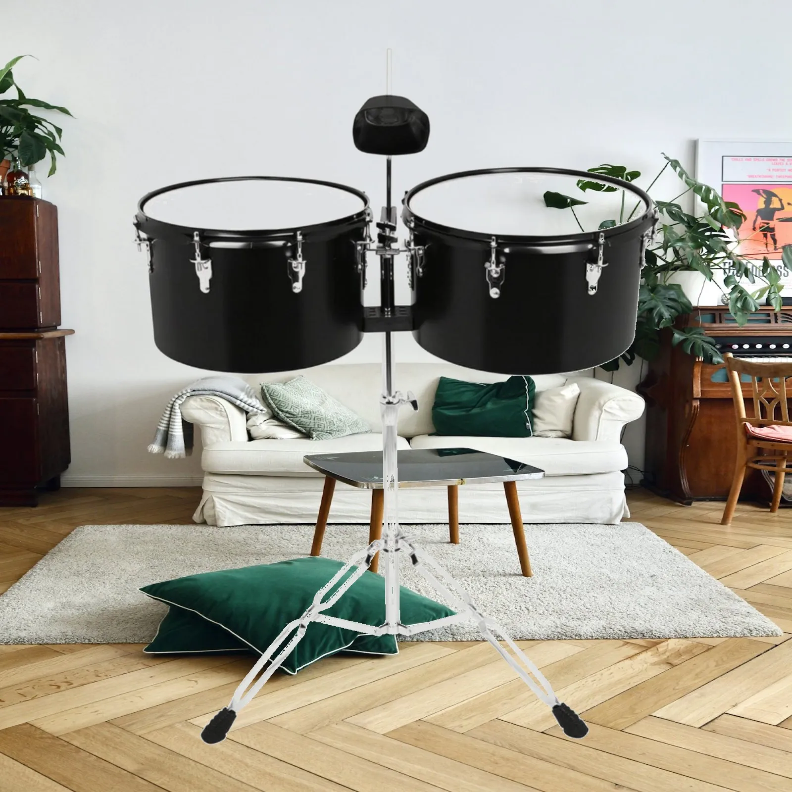 Black Metal Timbale Drum Latin Percussion with White Head Adjustable Stand and Cowbell for Energetic Play