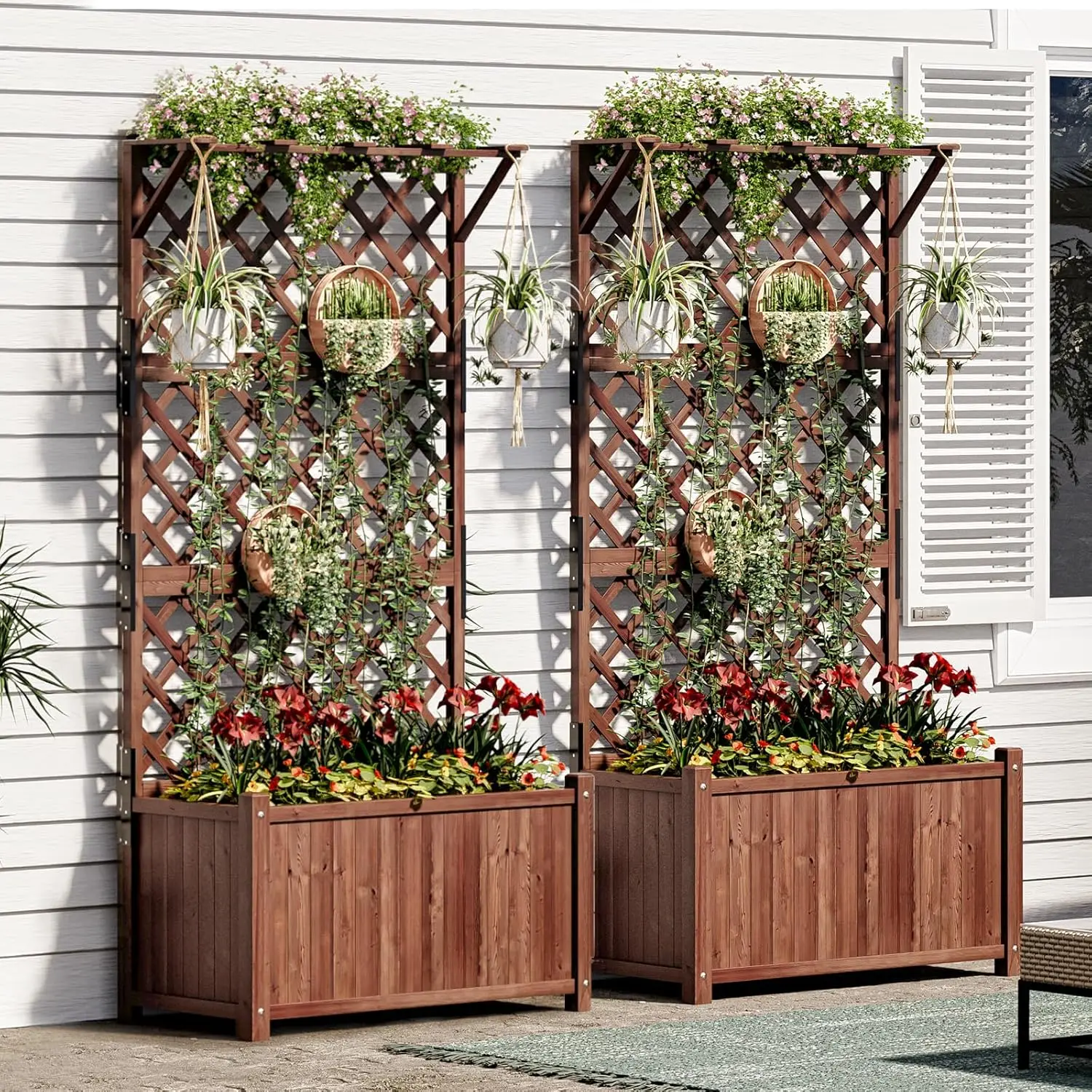 

Поднятая садовая кровать из 2 предметов с решеткой, коробки для цветов размером 35,4x17,7x72 дюйма с дренажными отверстиями для овощей и вьющихся растений