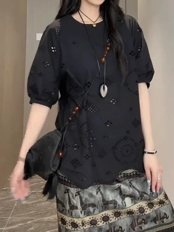 

plus Size Black Hollow out Embroidery Short Sleeve Cotton Shirt Women Summer Loose Slimming Pure Cotton Top Korean Style