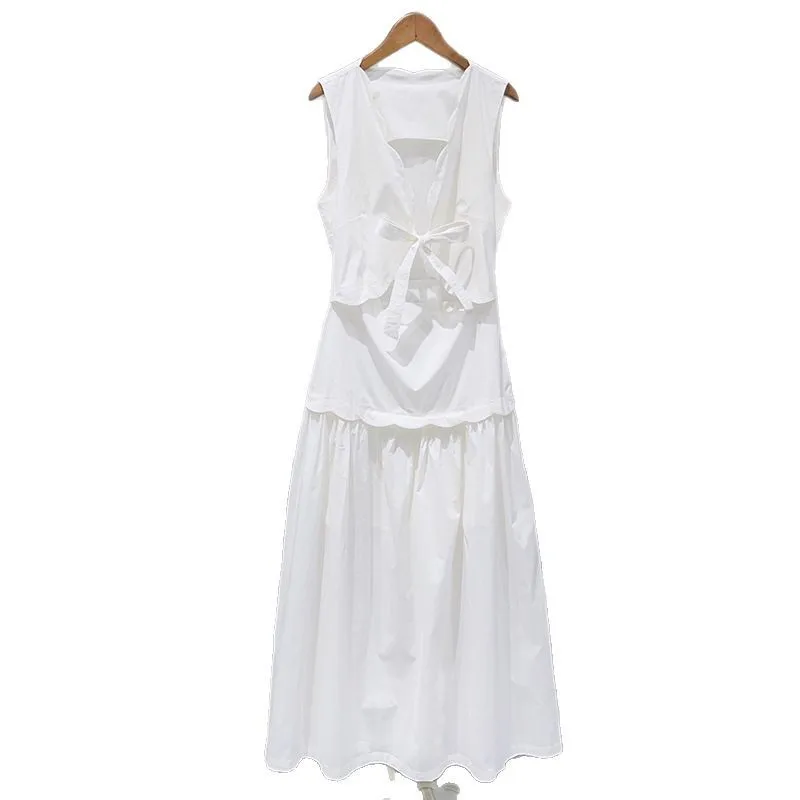 

Sleeveless Fake Two-piece Long Skirt Romantic White Wavy Side V-neck Bow 2025 Summer Birthday Dress for Women Party Dresses
