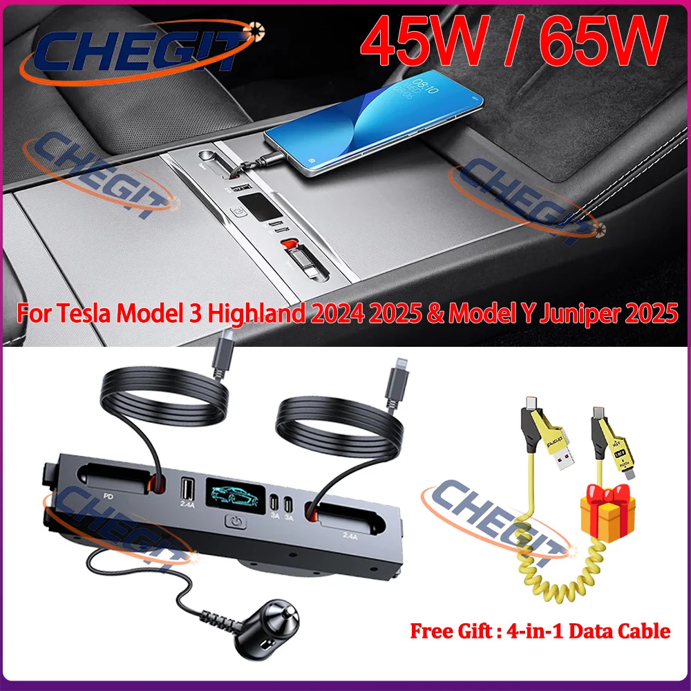 

For Tesla New Model Y Juniper 2025 Model 3 Highland 2024 65W 45W Central Control Fast Charging TPYE-C USB HUB Expansion Dock