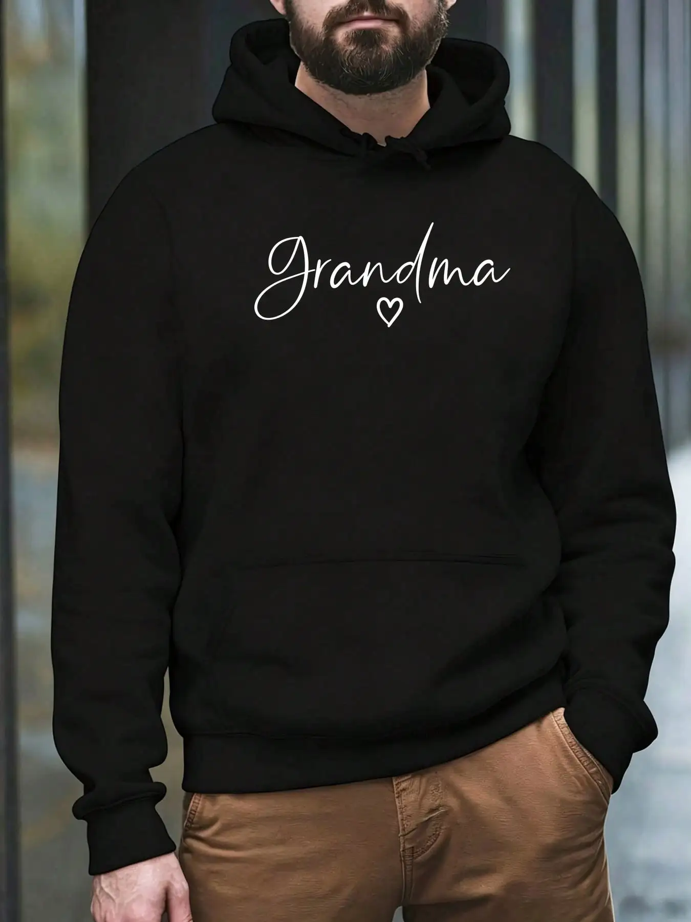 Men's Casual Hoodies, Grandma Heart Script Printed Long Sleeve Hooded Sweatshirt, Versatile Top For Autumn Winter